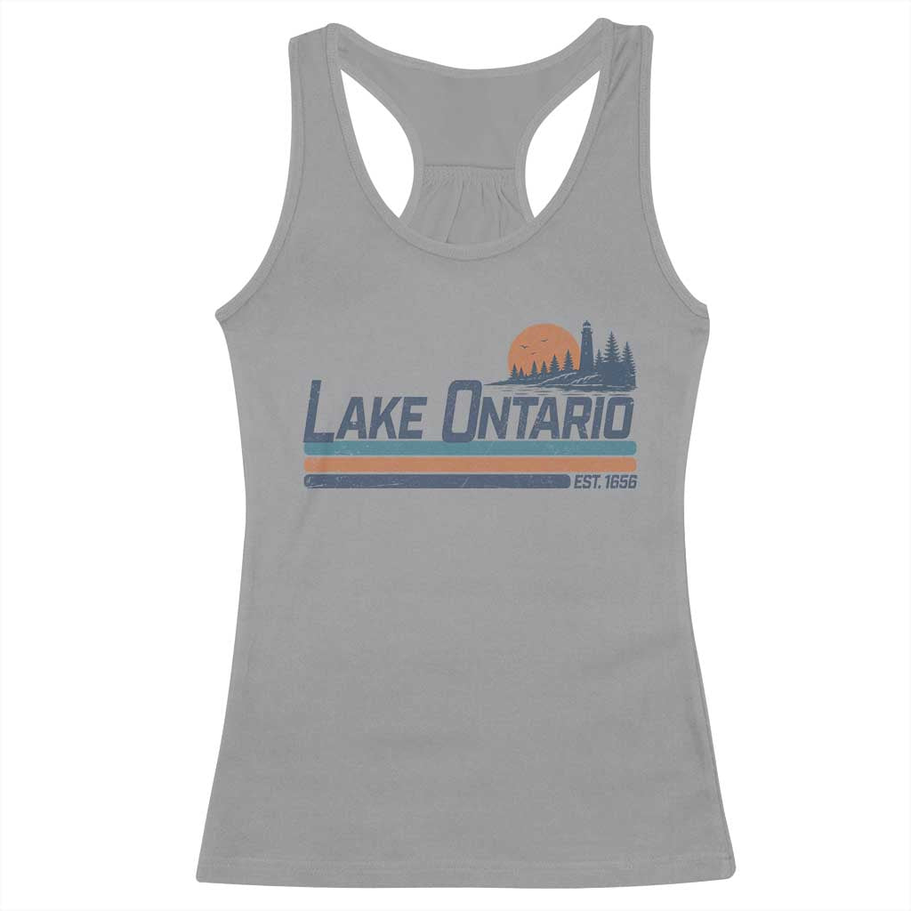 Retro Lake Ontario Est 1656 Racerback Tank Top Vintage Distressed Sunset Stripe Lighthouse Gift