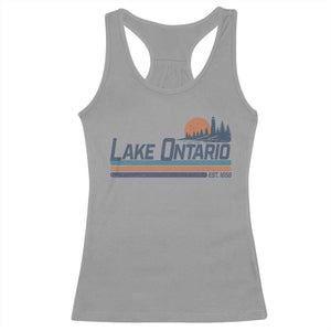 Retro Lake Ontario Est 1656 Racerback Tank Top Vintage Distressed Sunset Stripe Lighthouse Gift