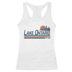 Retro Lake Ontario Est 1656 Racerback Tank Top Vintage Distressed Sunset Stripe Lighthouse Gift