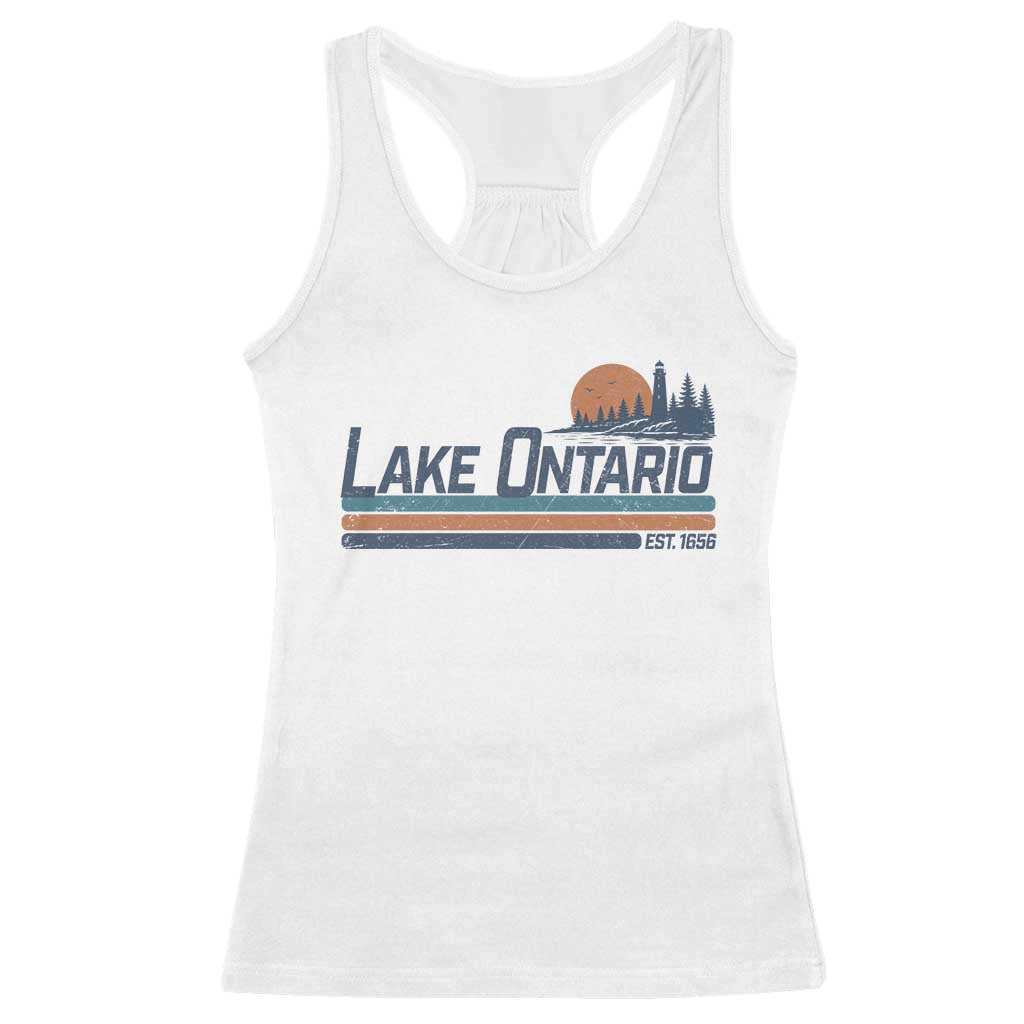 Retro Lake Ontario Est 1656 Racerback Tank Top Vintage Distressed Sunset Stripe Lighthouse Gift