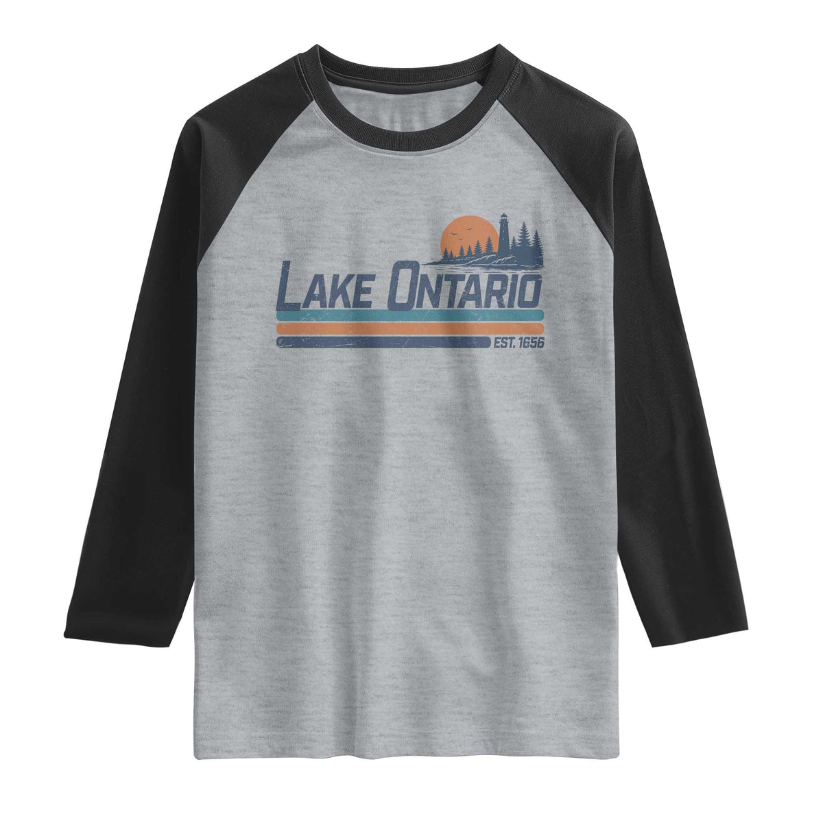 Retro Lake Ontario Est 1656 Raglan Shirt Vintage Distressed Sunset Stripe Lighthouse Gift