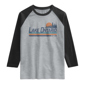 Retro Lake Ontario Est 1656 Raglan Shirt Vintage Distressed Sunset Stripe Lighthouse Gift