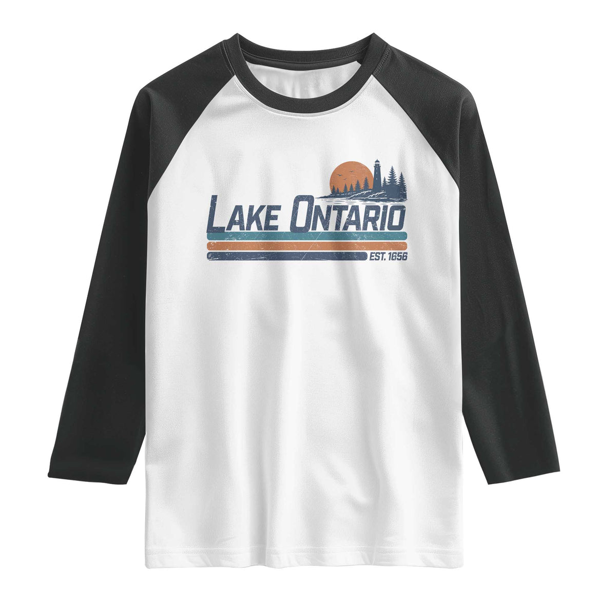 Retro Lake Ontario Est 1656 Raglan Shirt Vintage Distressed Sunset Stripe Lighthouse Gift