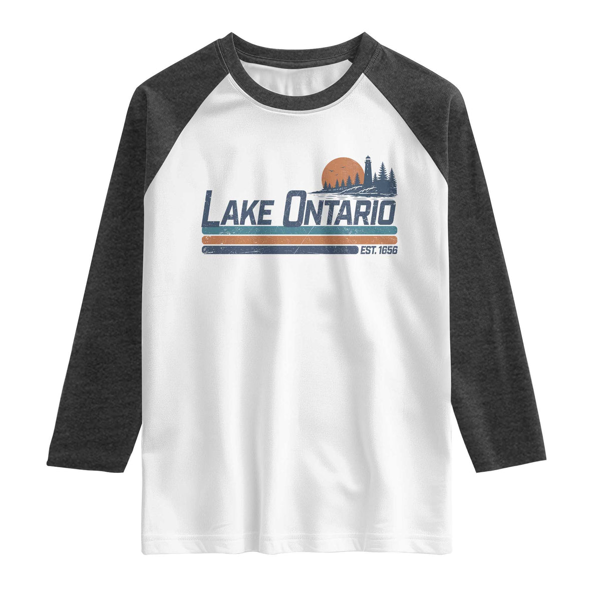 Retro Lake Ontario Est 1656 Raglan Shirt Vintage Distressed Sunset Stripe Lighthouse Gift