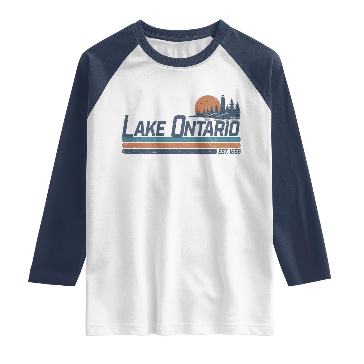 Retro Lake Ontario Est 1656 Raglan Shirt Vintage Distressed Sunset Stripe Lighthouse Gift