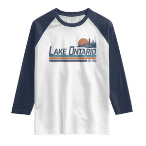 Retro Lake Ontario Est 1656 Raglan Shirt Vintage Distressed Sunset Stripe Lighthouse Gift