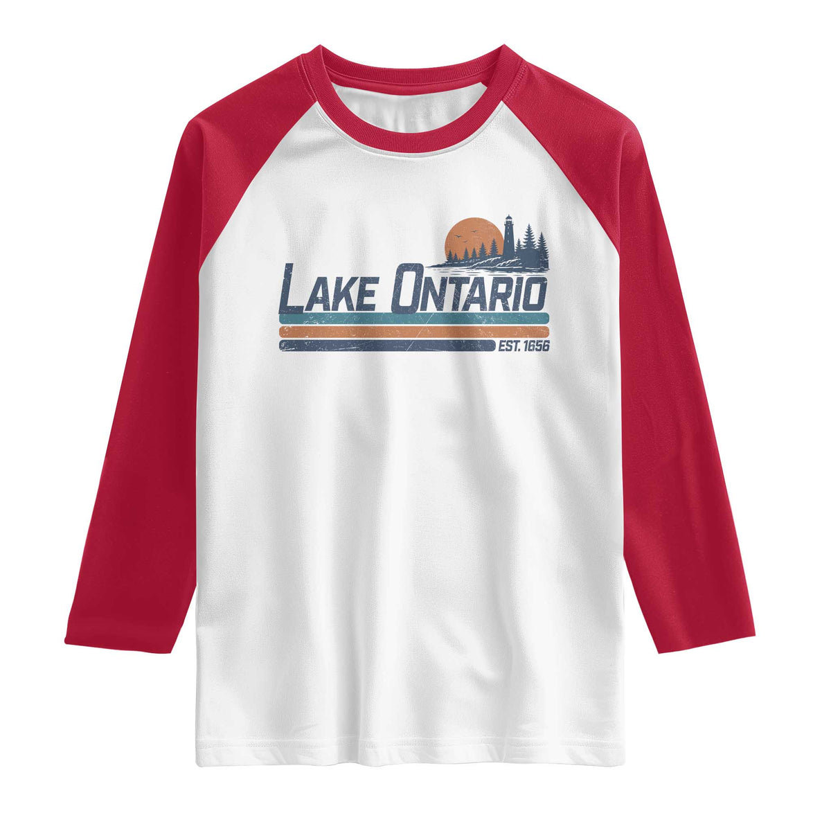 Retro Lake Ontario Est 1656 Raglan Shirt Vintage Distressed Sunset Stripe Lighthouse Gift