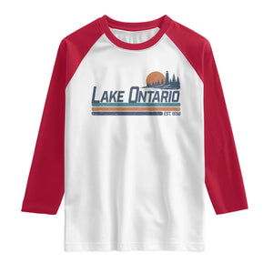 Retro Lake Ontario Est 1656 Raglan Shirt Vintage Distressed Sunset Stripe Lighthouse Gift