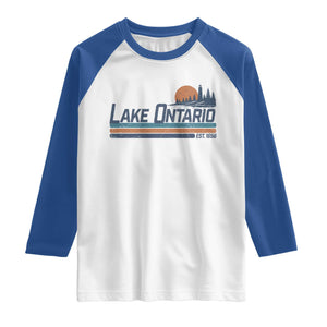 Retro Lake Ontario Est 1656 Raglan Shirt Vintage Distressed Sunset Stripe Lighthouse Gift