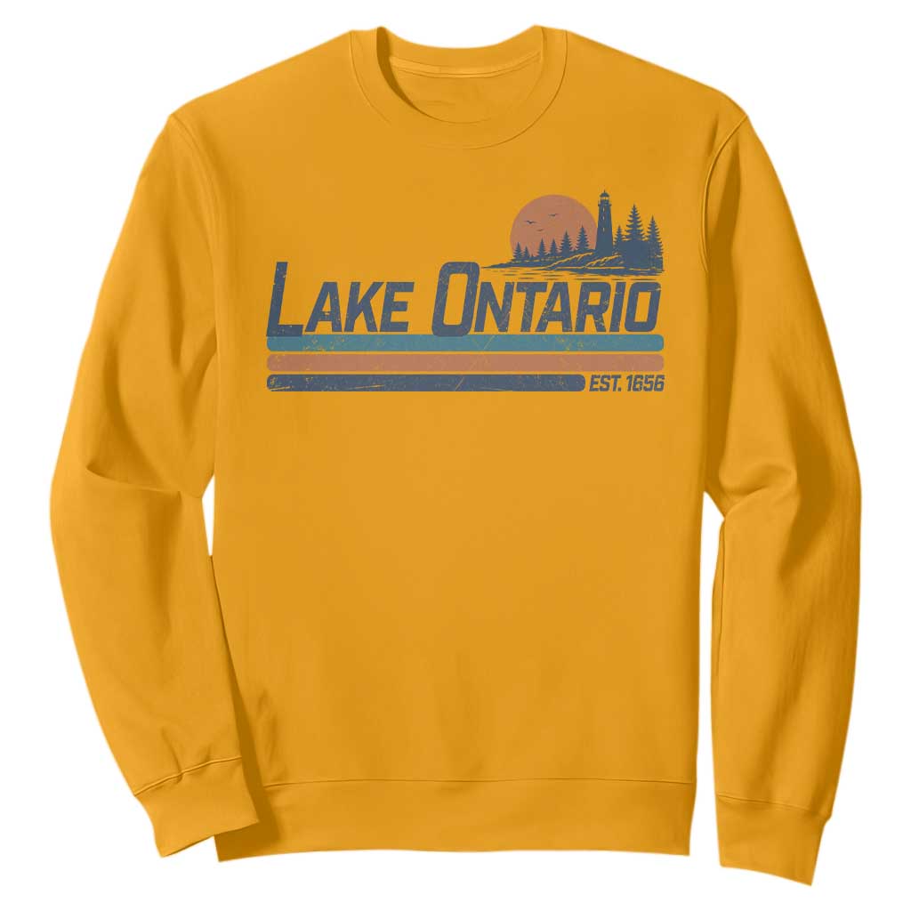 Retro Lake Ontario Est 1656 Sweatshirt Vintage Distressed Sunset Stripe Lighthouse Gift