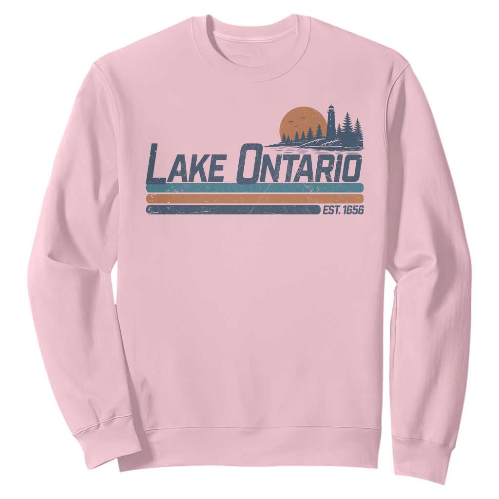 Retro Lake Ontario Est 1656 Sweatshirt Vintage Distressed Sunset Stripe Lighthouse Gift