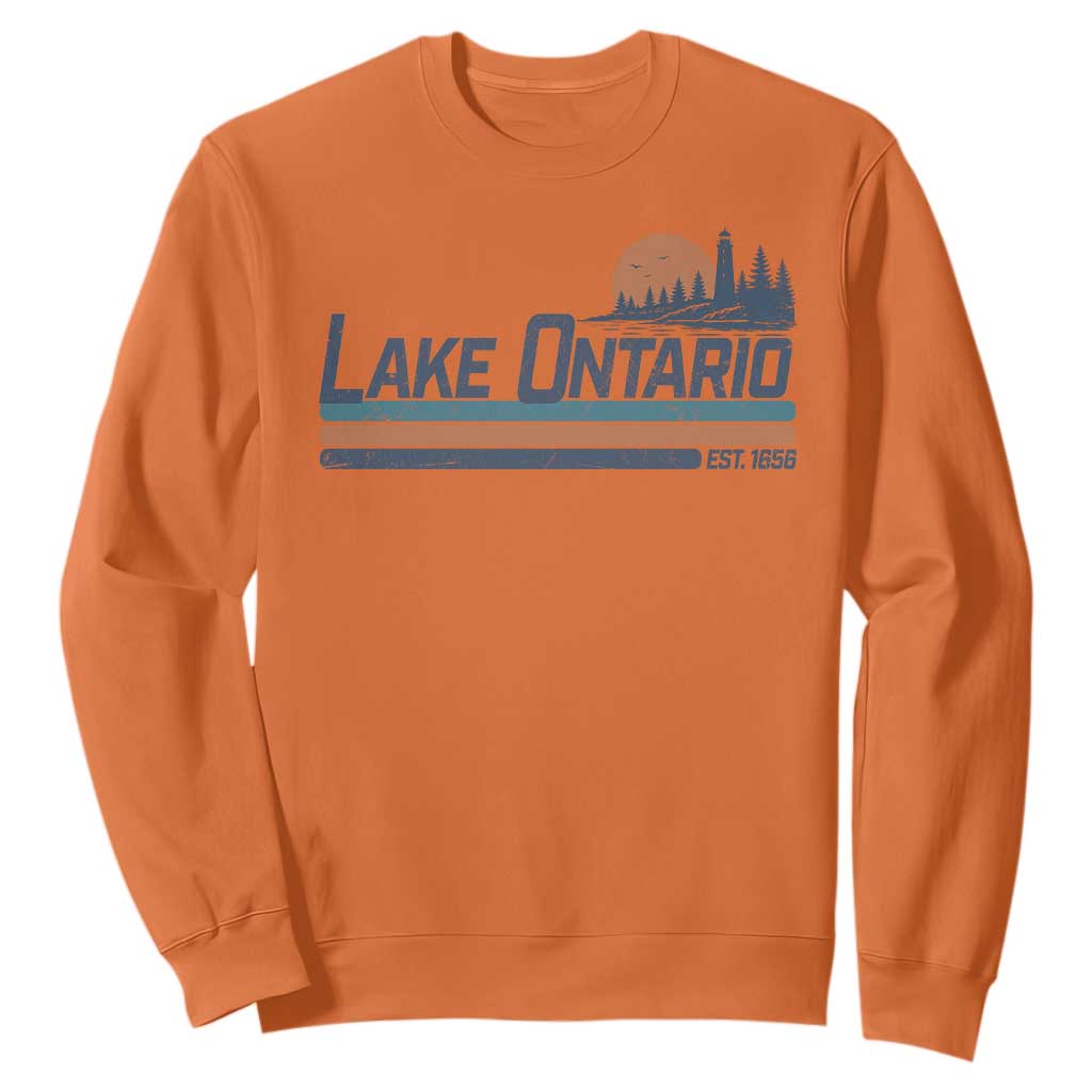 Retro Lake Ontario Est 1656 Sweatshirt Vintage Distressed Sunset Stripe Lighthouse Gift