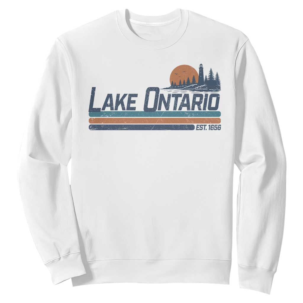 Retro Lake Ontario Est 1656 Sweatshirt Vintage Distressed Sunset Stripe Lighthouse Gift
