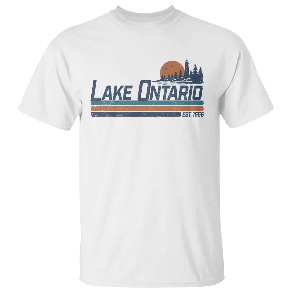 Retro Lake Ontario Est 1656 T Shirt Vintage Distressed Sunset Stripe Lighthouse Gift