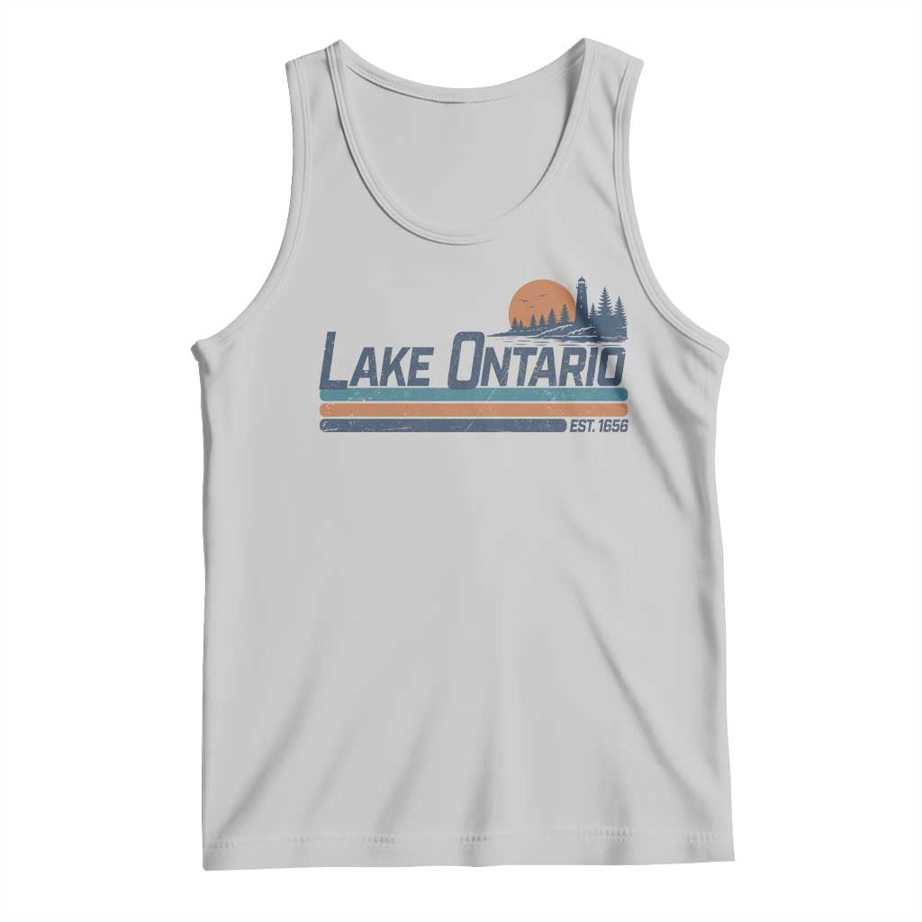 Retro Lake Ontario Est 1656 Tank Top Vintage Distressed Sunset Stripe Lighthouse Gift
