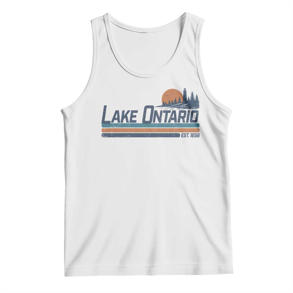 Retro Lake Ontario Est 1656 Tank Top Vintage Distressed Sunset Stripe Lighthouse Gift