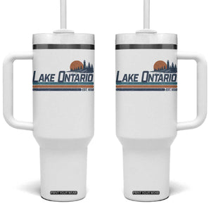 Retro Lake Ontario Est 1656 Tumbler With Handle Vintage Distressed Sunset Stripe Lighthouse Gift