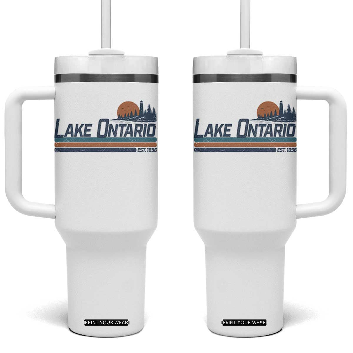 Retro Lake Ontario Est 1656 Tumbler With Handle Vintage Distressed Sunset Stripe Lighthouse Gift