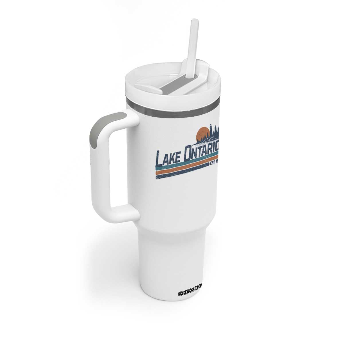 Retro Lake Ontario Est 1656 Tumbler With Handle Vintage Distressed Sunset Stripe Lighthouse Gift