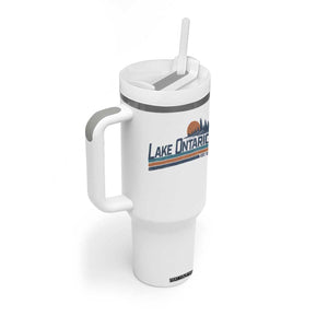 Retro Lake Ontario Est 1656 Tumbler With Handle Vintage Distressed Sunset Stripe Lighthouse Gift