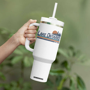 Retro Lake Ontario Est 1656 Tumbler With Handle Vintage Distressed Sunset Stripe Lighthouse Gift