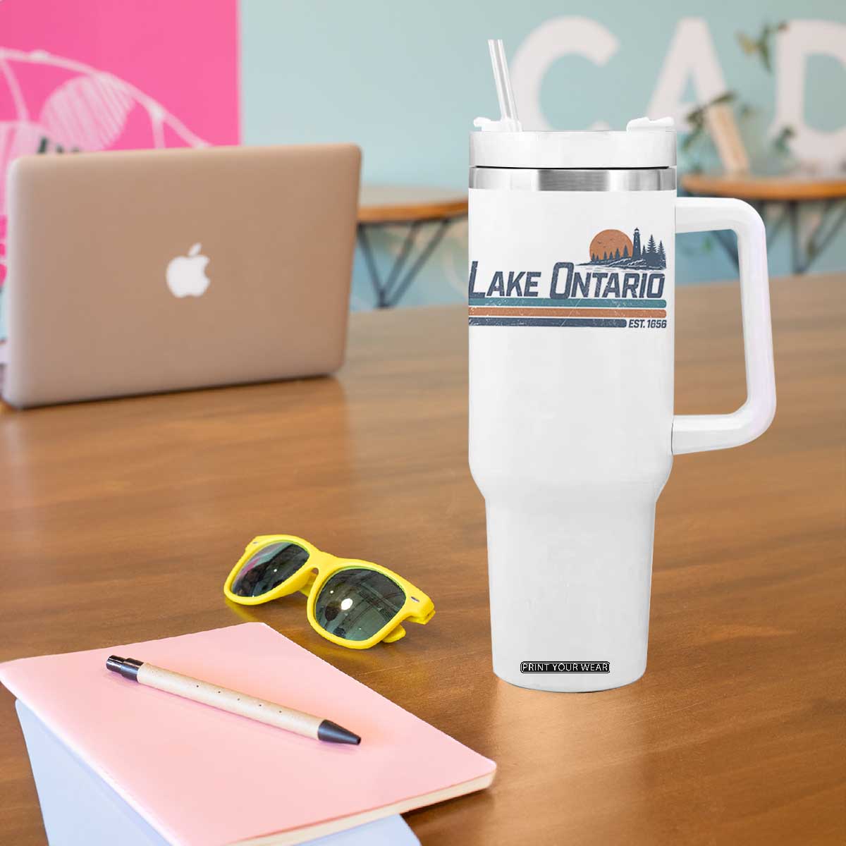 Retro Lake Ontario Est 1656 Tumbler With Handle Vintage Distressed Sunset Stripe Lighthouse Gift