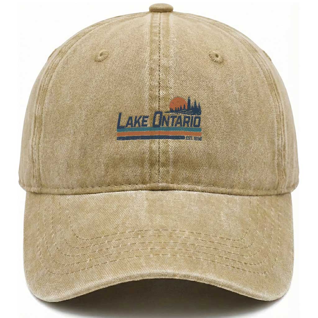 Retro Lake Ontario Est 1656 Washed Cotton Baseball Cap Vintage Distressed Sunset Stripe Lighthouse Gift