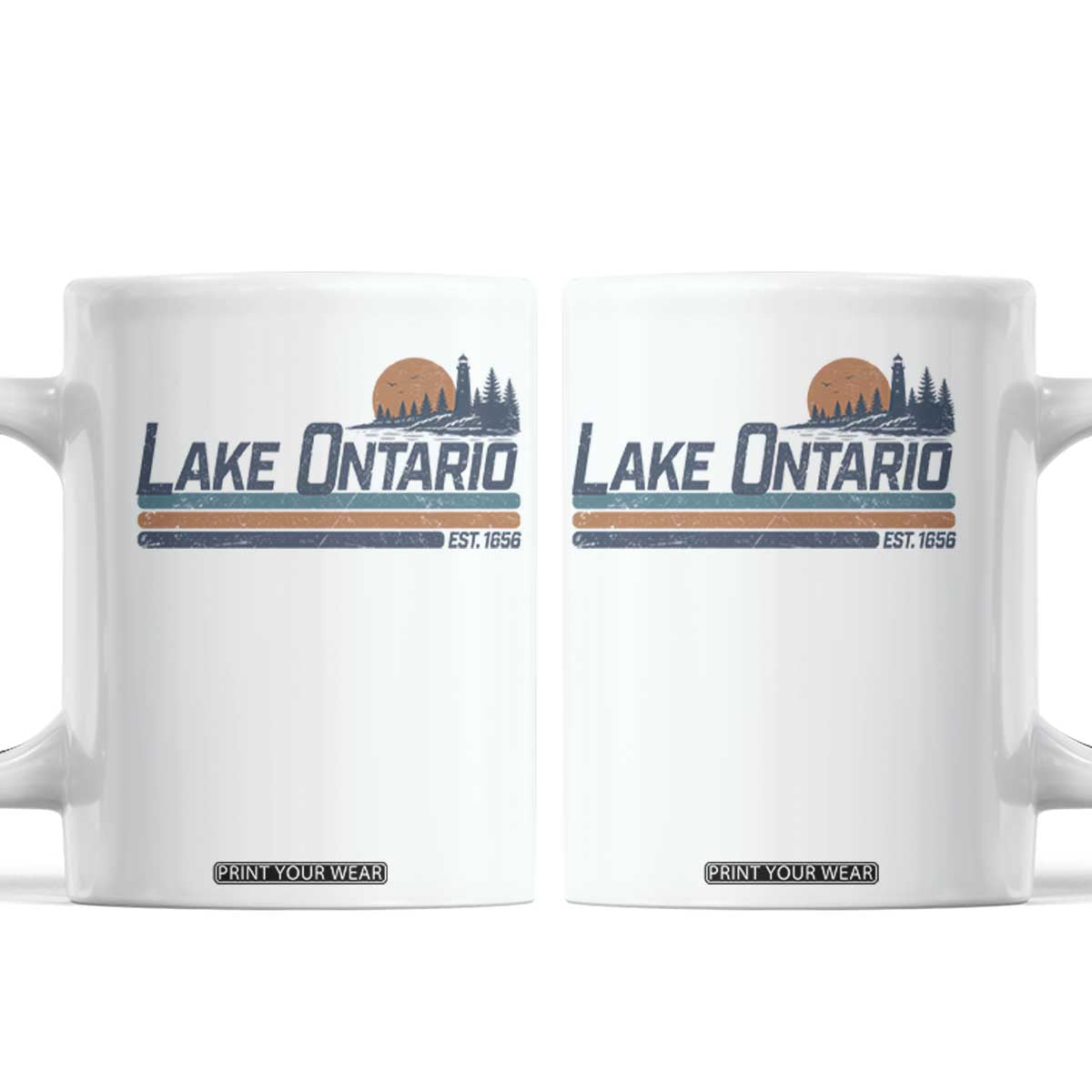 Retro Lake Ontario Est 1656 Coffee Mug Vintage Distressed Sunset Stripe Lighthouse Gift