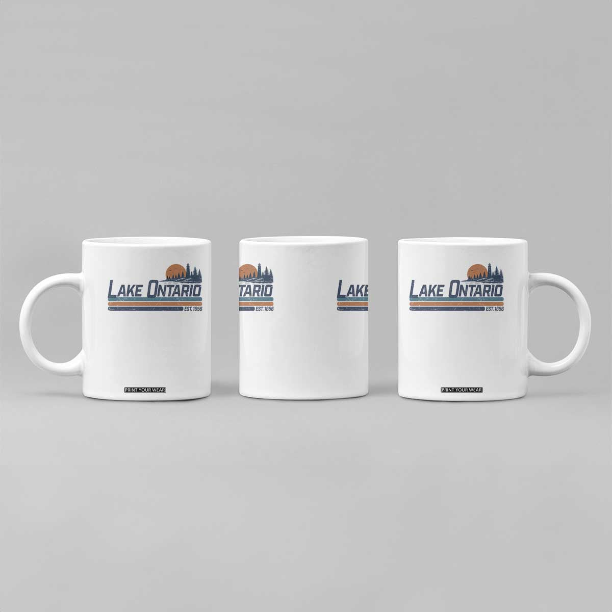 Retro Lake Ontario Est 1656 Coffee Mug Vintage Distressed Sunset Stripe Lighthouse Gift