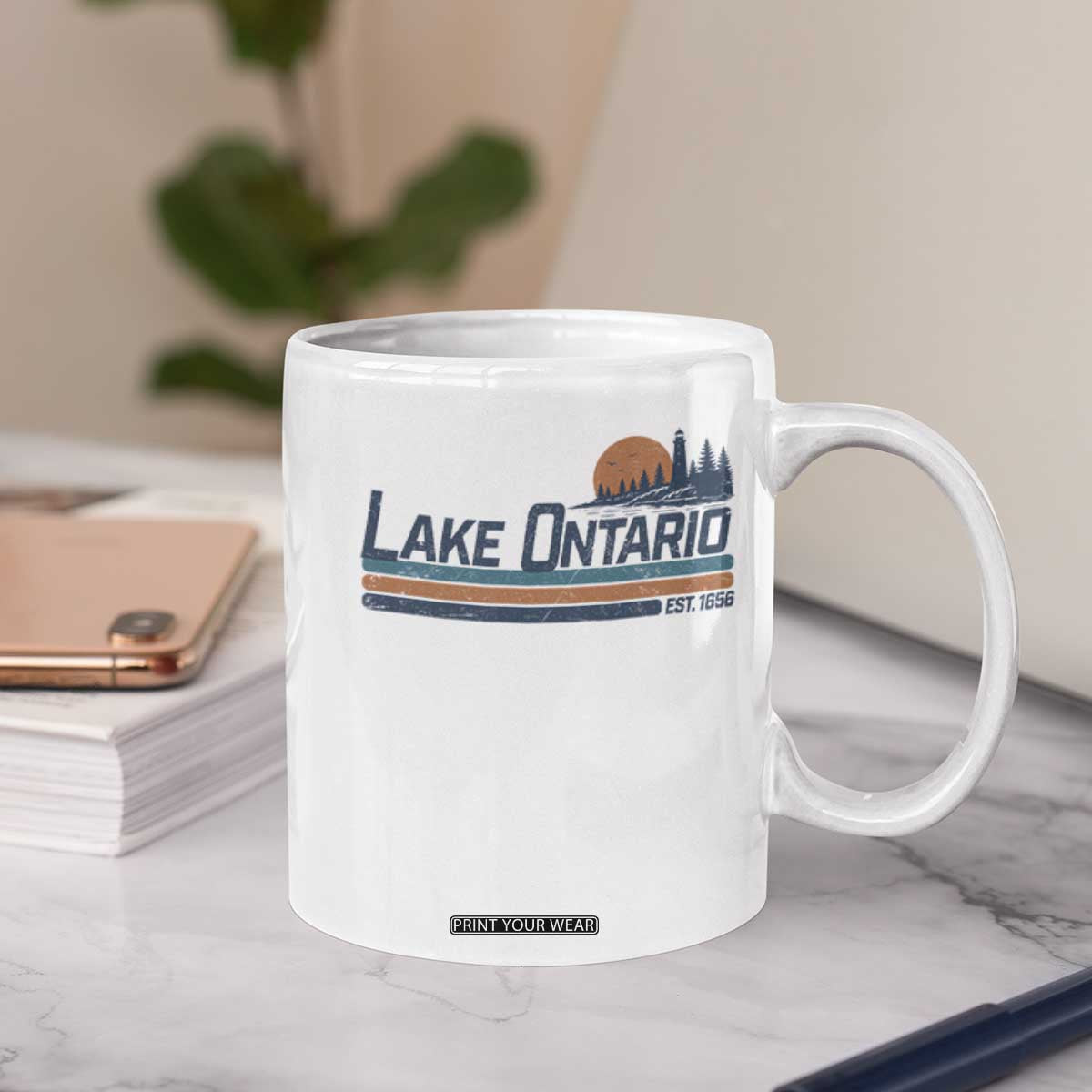 Retro Lake Ontario Est 1656 Coffee Mug Vintage Distressed Sunset Stripe Lighthouse Gift