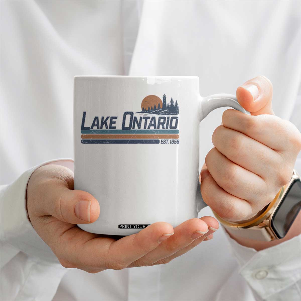 Retro Lake Ontario Est 1656 Coffee Mug Vintage Distressed Sunset Stripe Lighthouse Gift