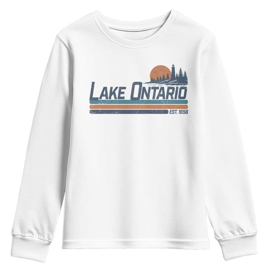 Retro Lake Ontario Est 1656 Youth Sweatshirt Vintage Distressed Sunset Stripe Lighthouse Gift