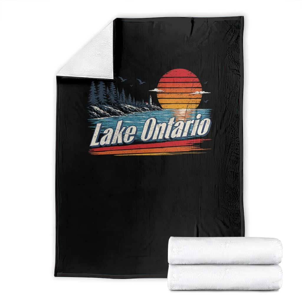 Lake Ontario Retro Sunset Throw Blanket Vintage Shoreline Lighthouse Scenic Boating Gift