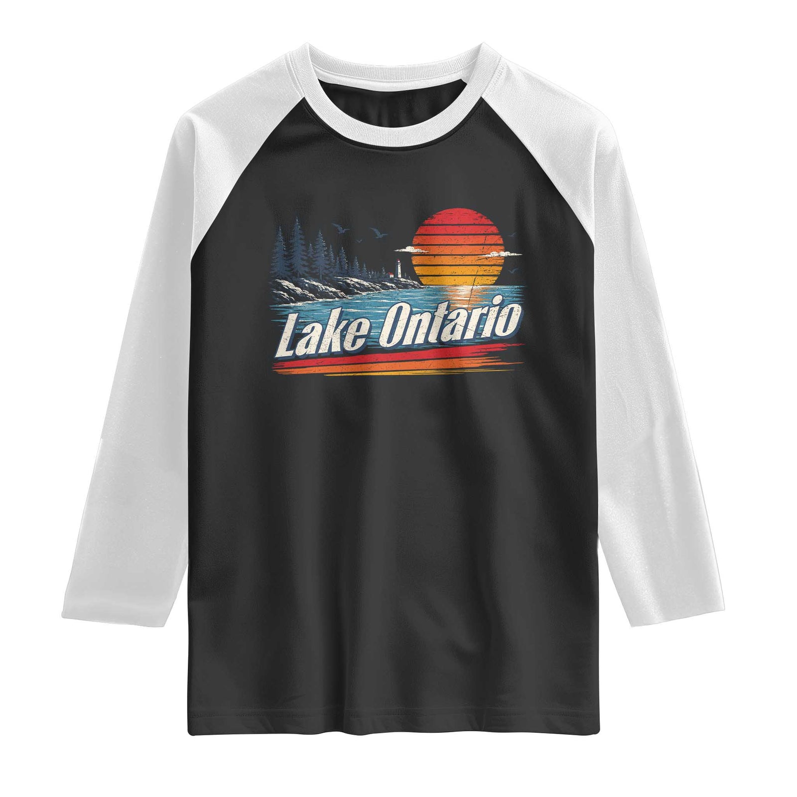 Lake Ontario Retro Sunset Raglan Shirt Vintage Shoreline Lighthouse Scenic Boating Gift