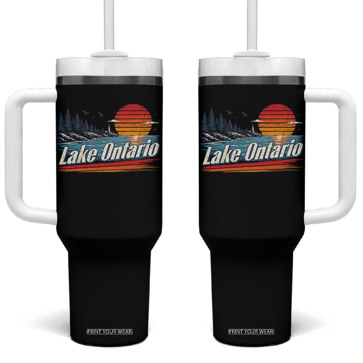 Lake Ontario Retro Sunset Tumbler With Handle Vintage Shoreline Lighthouse Scenic Boating Gift
