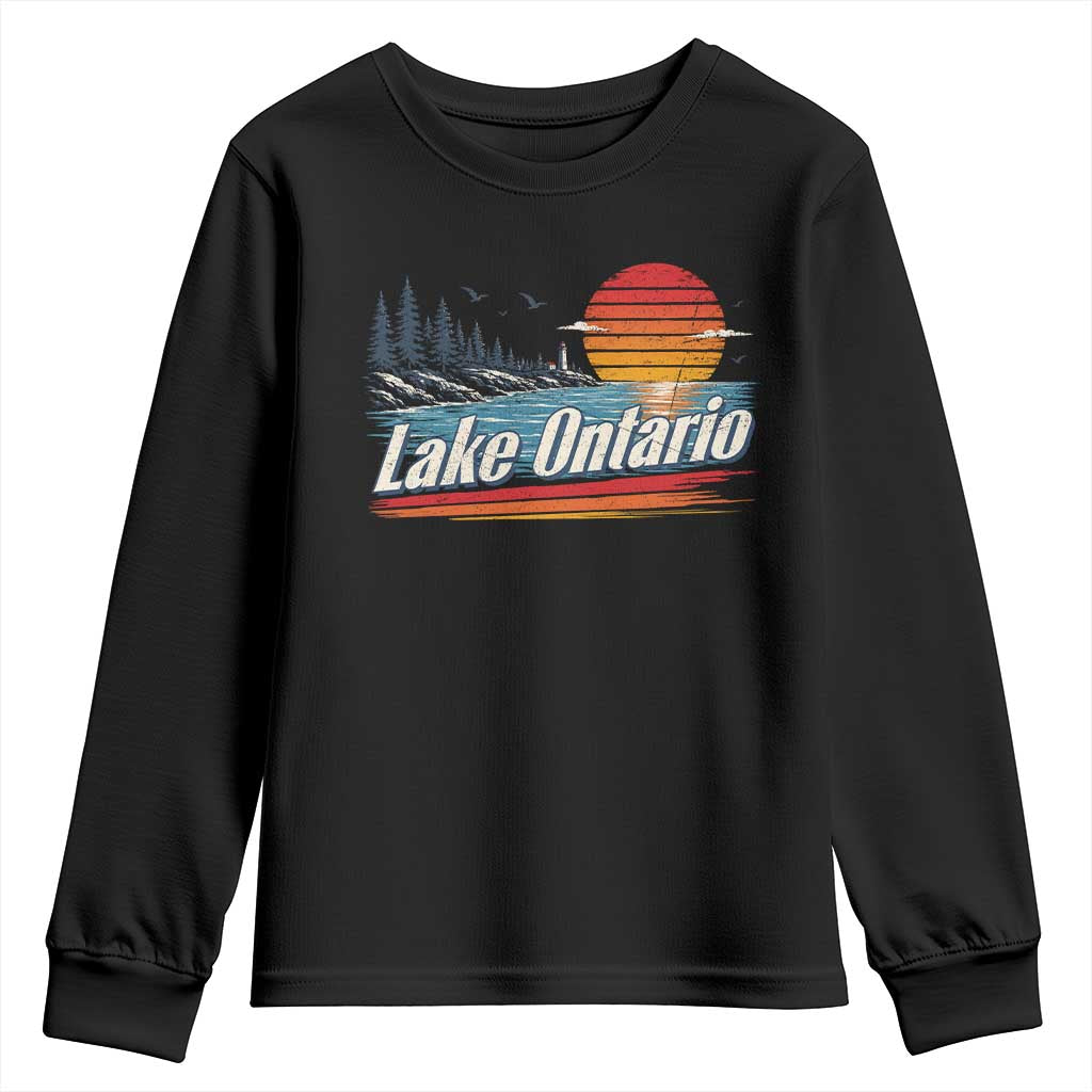 Lake Ontario Retro Sunset Youth Sweatshirt Vintage Shoreline Lighthouse Scenic Boating Gift