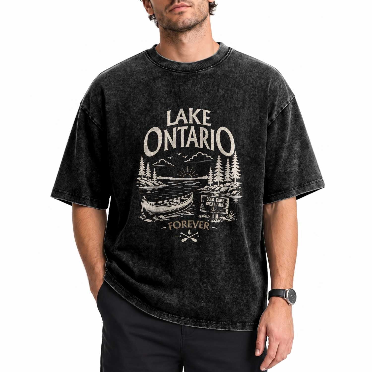 Lake Ontario Good Times Great Lake Forever Washed Cotton T-Shirt Canoe Camping Outdoor Gift