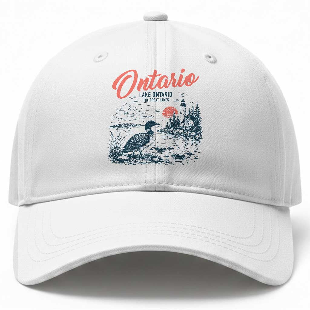 Vintage Lake Ontario Common Loon Bird Graphic Baseball Cap Wildlife Scenic Lighthouse Great Lakes Gift