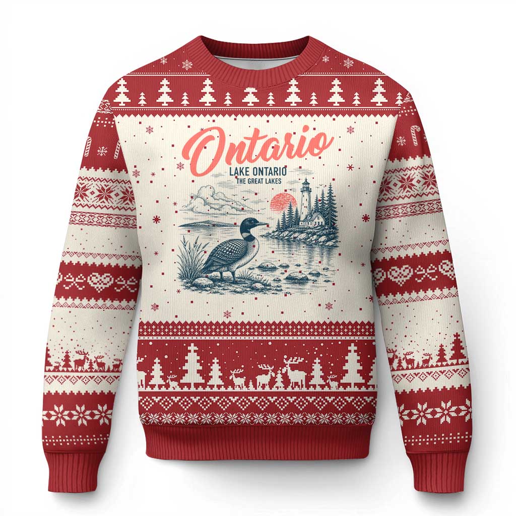 Vintage Lake Ontario Common Loon Bird Graphic Ugly Christmas Sweater Wildlife Scenic Lighthouse Great Lakes Gift