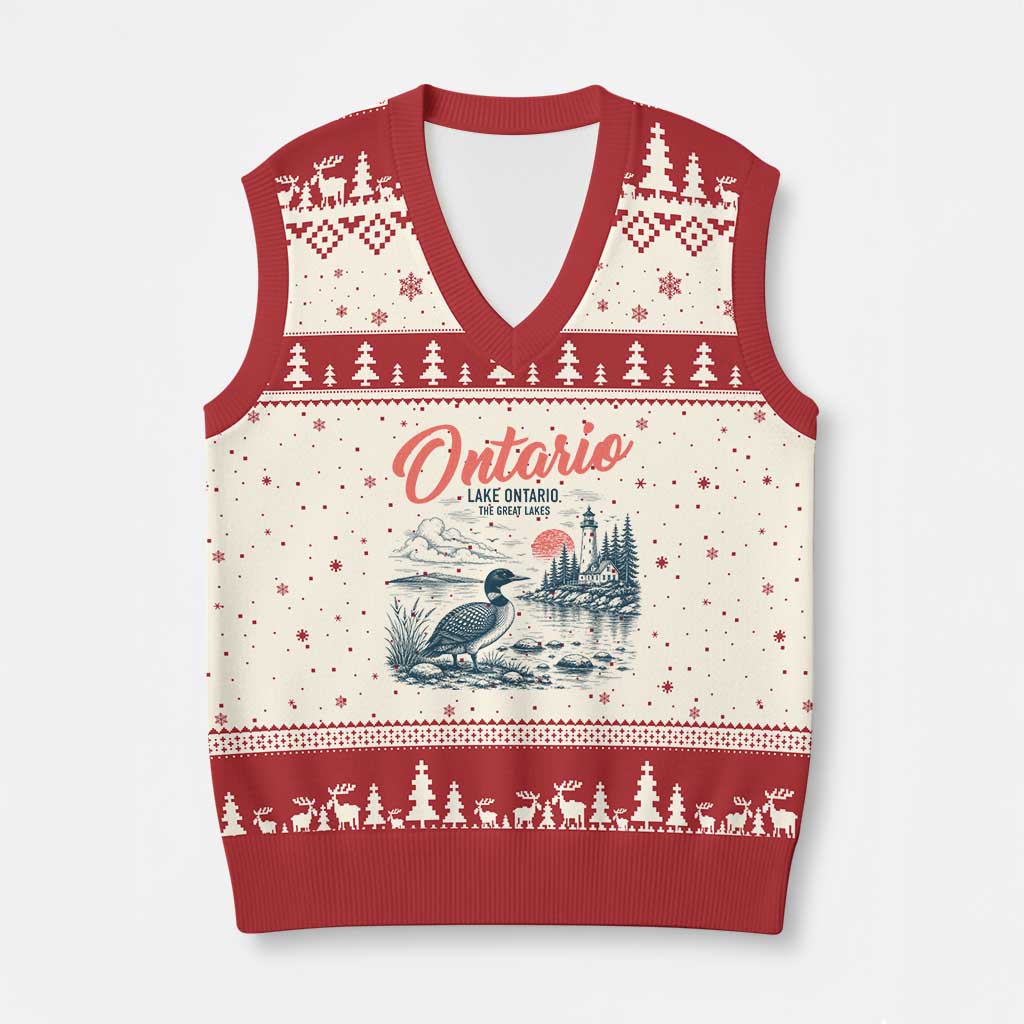Vintage Lake Ontario Common Loon Bird Graphic V-Neck Knit Sweater Vest Wildlife Scenic Lighthouse Great Lakes Gift
