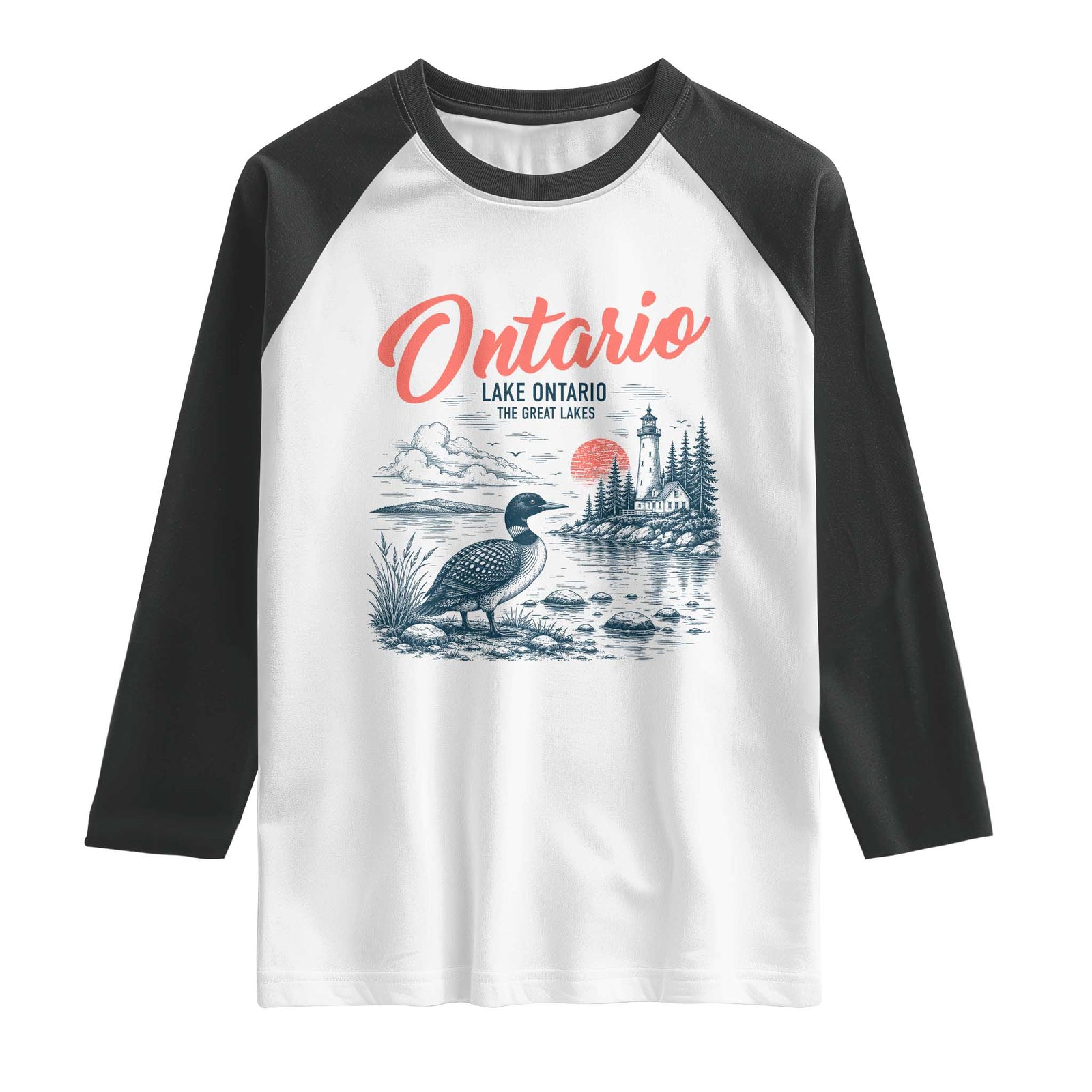 Vintage Lake Ontario Common Loon Bird Graphic Raglan Shirt Wildlife Scenic Lighthouse Great Lakes Gift