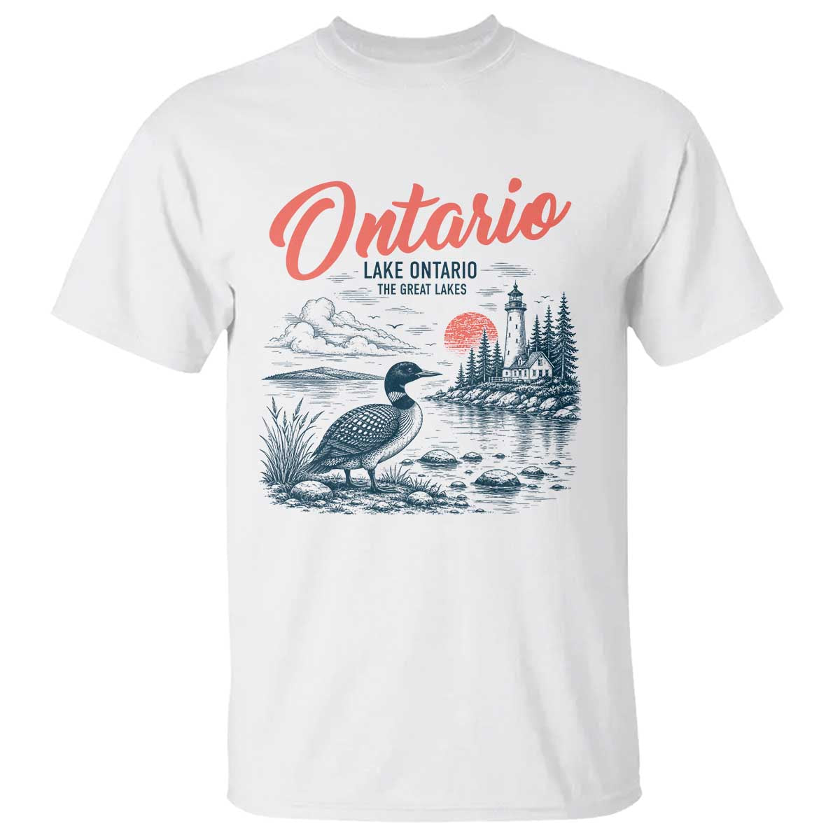 Vintage Lake Ontario Common Loon Bird Graphic T Shirt Wildlife Scenic Lighthouse Great Lakes Gift