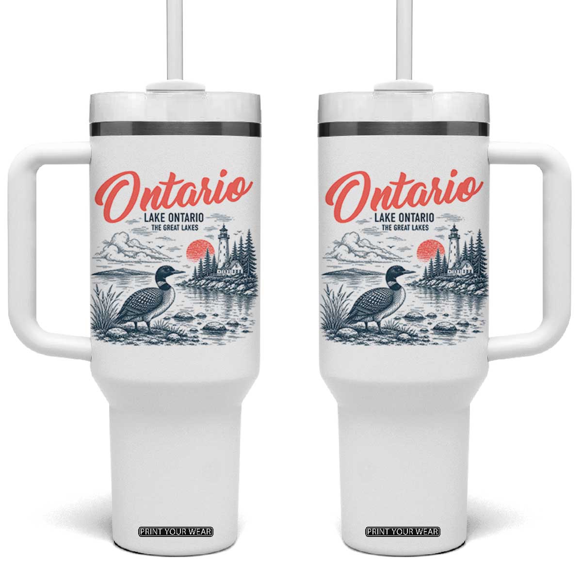 Vintage Lake Ontario Common Loon Bird Graphic Tumbler With Handle Wildlife Scenic Lighthouse Great Lakes Gift