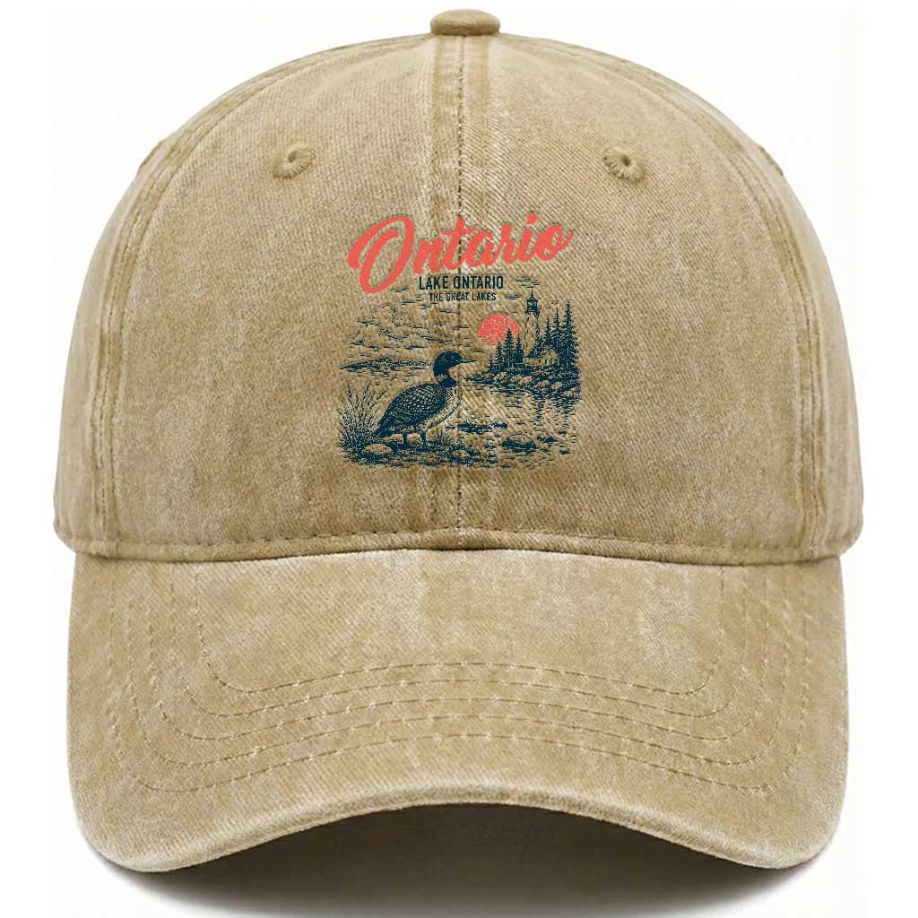 Vintage Lake Ontario Common Loon Bird Graphic Washed Cotton Baseball Cap Wildlife Scenic Lighthouse Great Lakes Gift