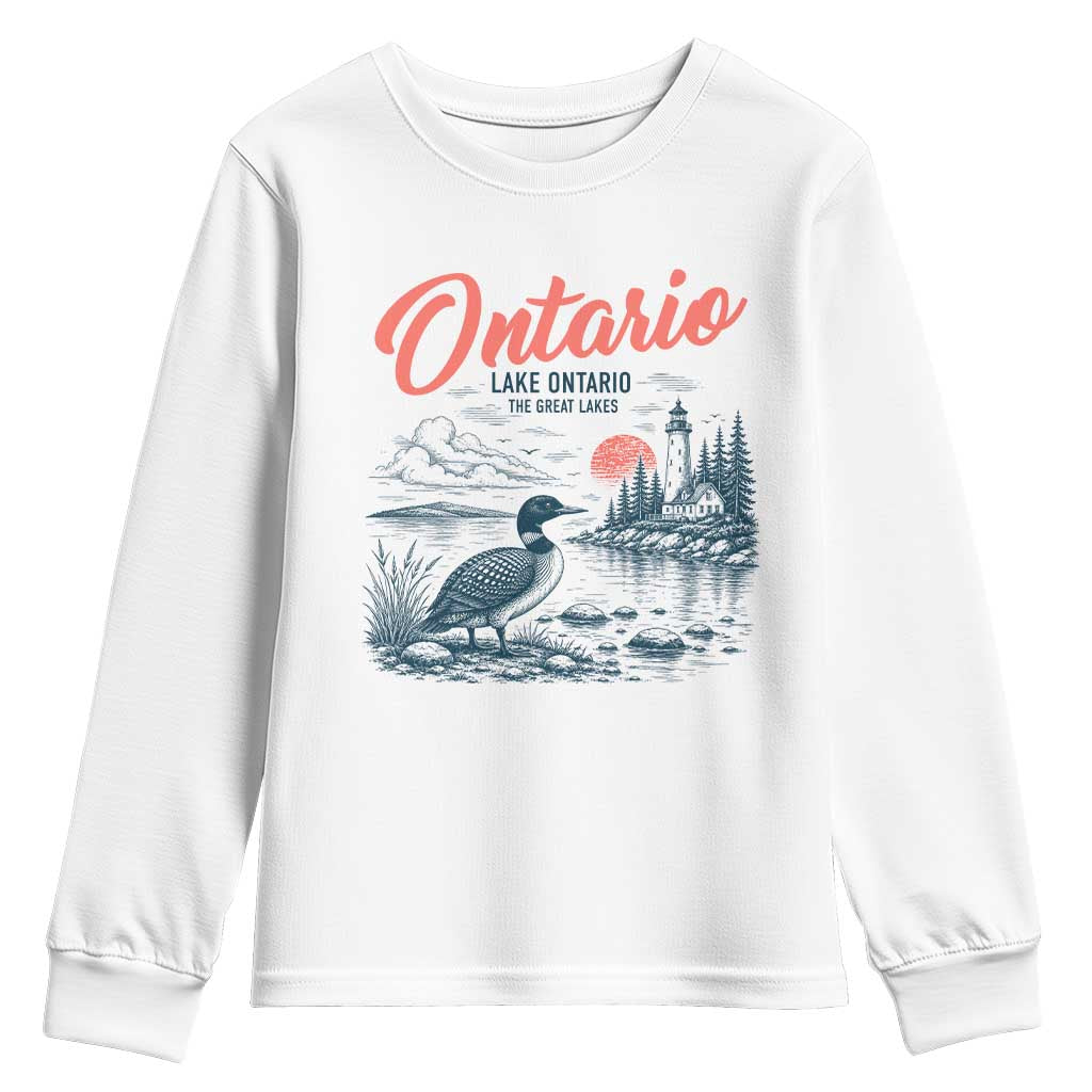 Vintage Lake Ontario Common Loon Bird Graphic Youth Sweatshirt Wildlife Scenic Lighthouse Great Lakes Gift
