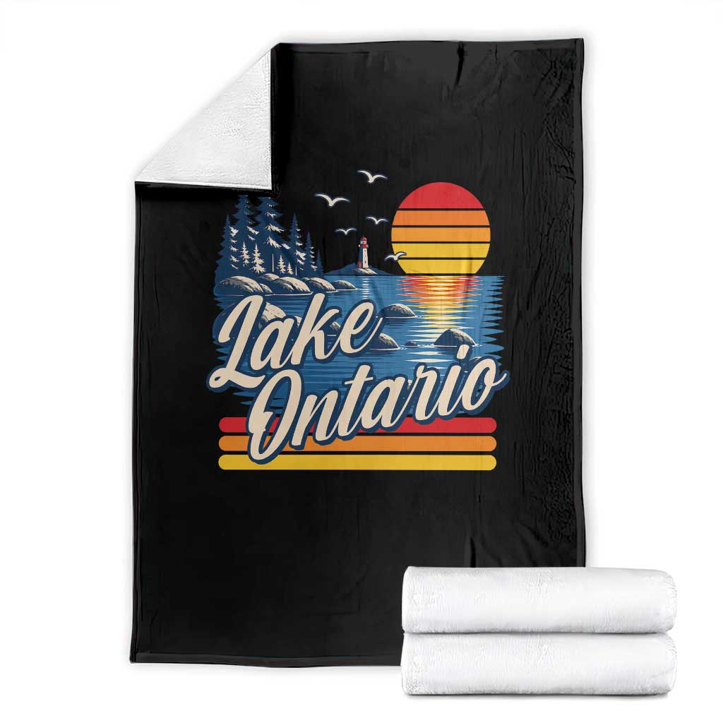 Lake Ontario Retro 80s Sunset Graphic Throw Blanket Coastal Lighthouse Outdoor Vacation Gift