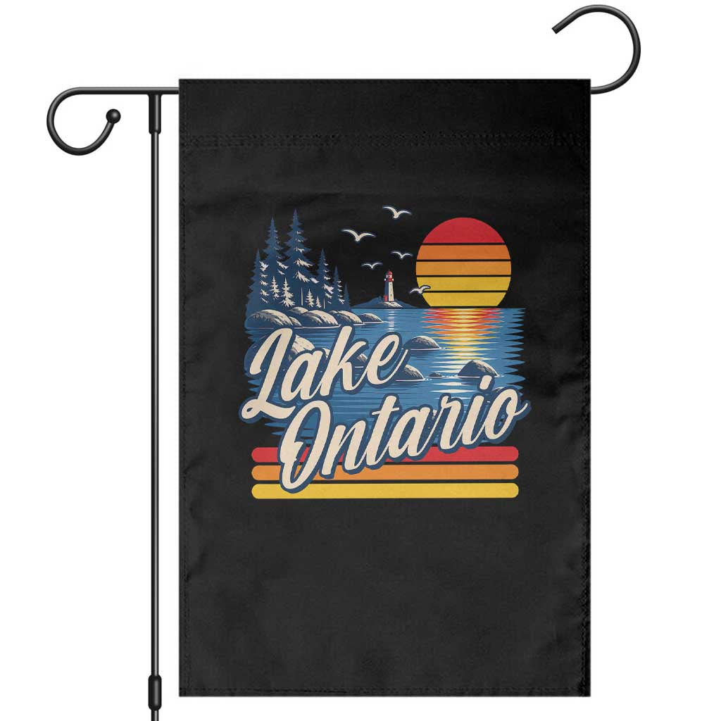 Lake Ontario Retro 80s Sunset Graphic Garden Flag Coastal Lighthouse Outdoor Vacation Gift