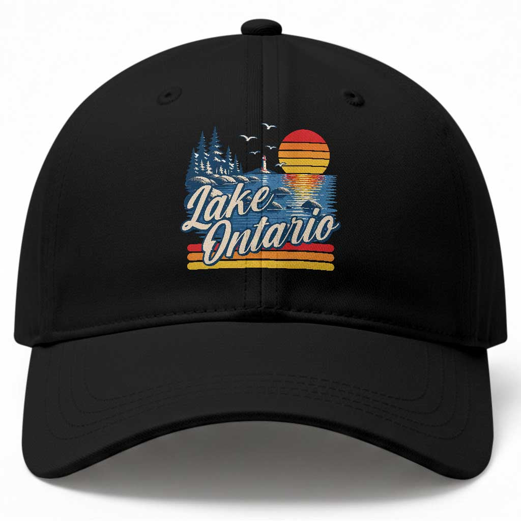 Lake Ontario Retro 80s Sunset Graphic Baseball Cap Coastal Lighthouse Outdoor Vacation Gift