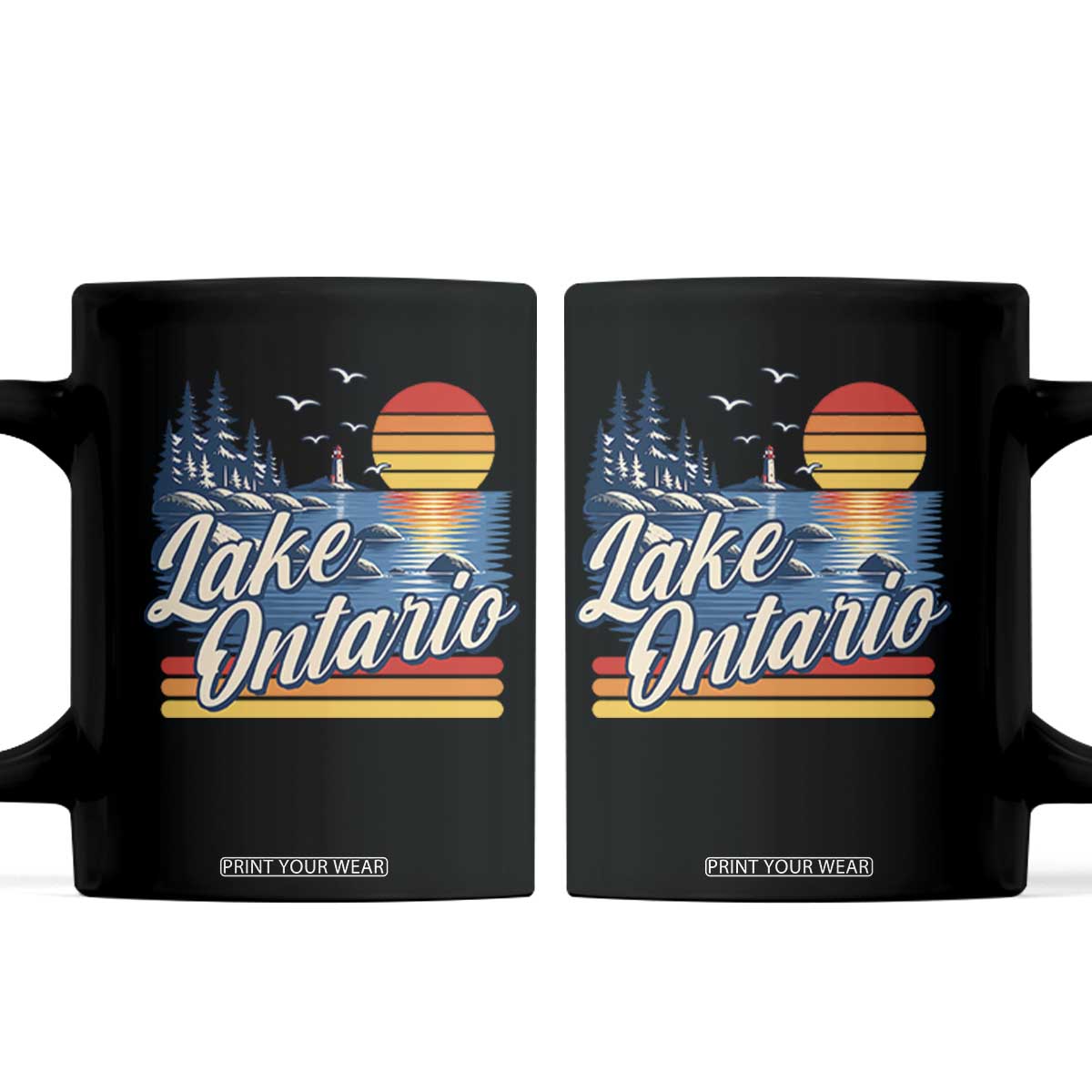 Lake Ontario Retro 80s Sunset Graphic Coffee Mug Coastal Lighthouse Outdoor Vacation Gift