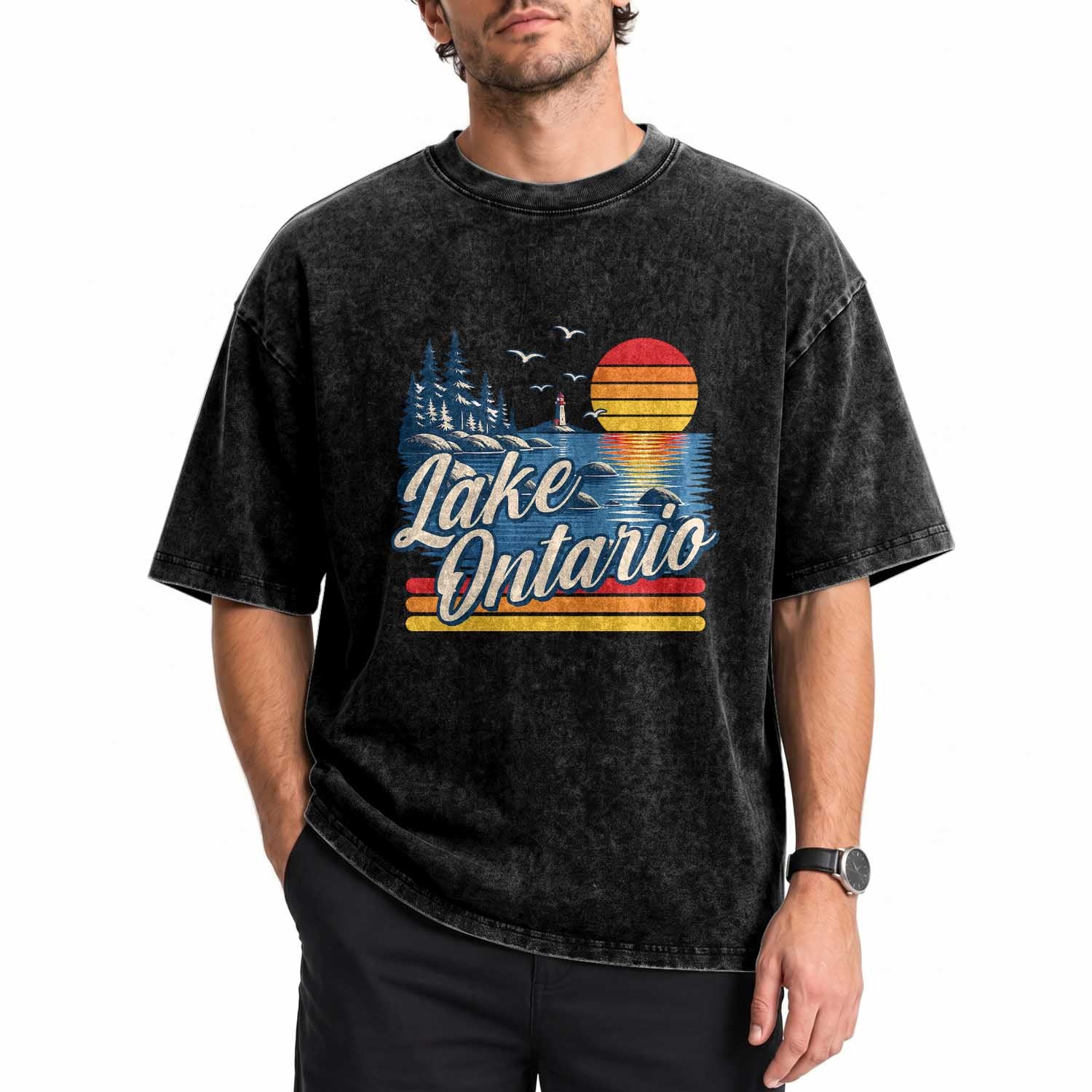 Lake Ontario Retro 80s Sunset Graphic Washed Cotton T-Shirt Coastal Lighthouse Outdoor Vacation Gift